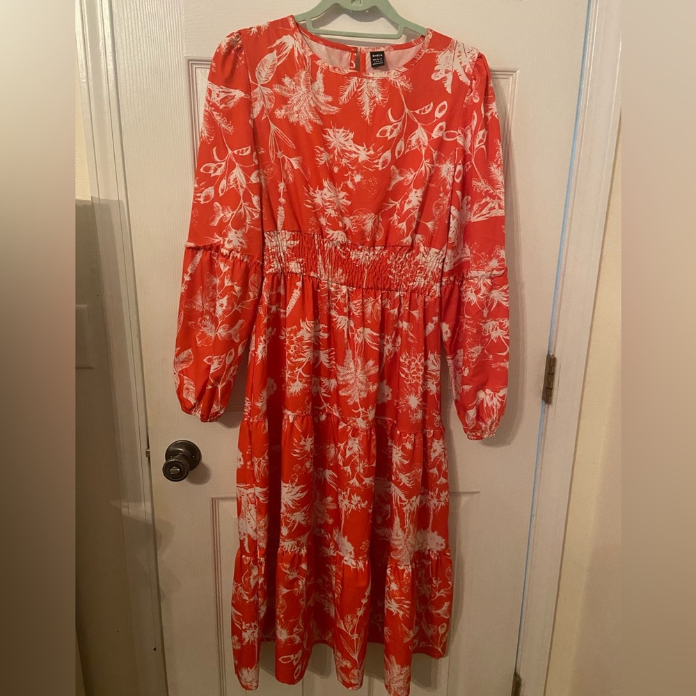 Shein vibrant orange and white ruffle dress